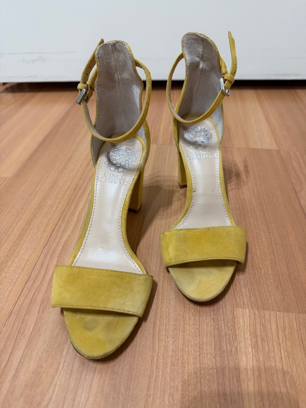 Vince Camuto Mustard Suede Ankle-Strap Block Heels